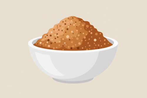 2D vector style image of brown sugar in a bowl against a light beige background