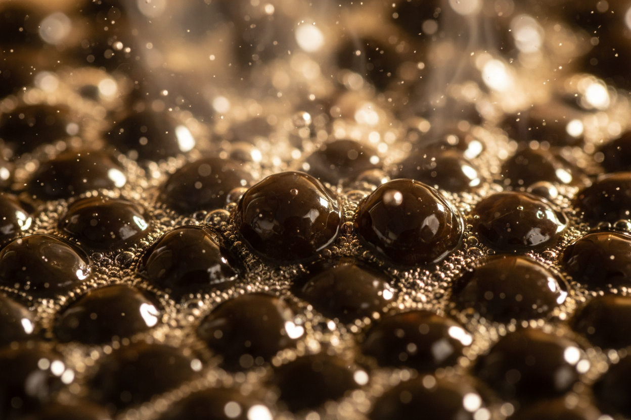 A zoomed in shot of tapioca pearls being boiled in hot water 