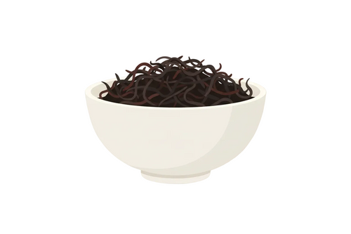 Create a 2D flat vector style image of loose leaf black tea leaves in a small white bowl against a light beige background. The perspective is front view 