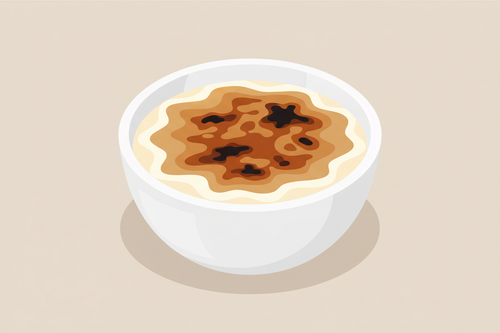Create a 2D flat vector style image of white cream dusted with brown sugar that’s been burned like a crème brûlée in a small white bowl against a light beige background. The perspective is front view 